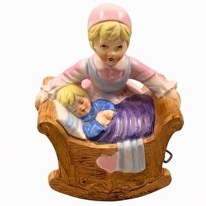 Vtg Vintage Ceramic Mother & Child Music Box Rock A Bye Baby Rocking Cradle